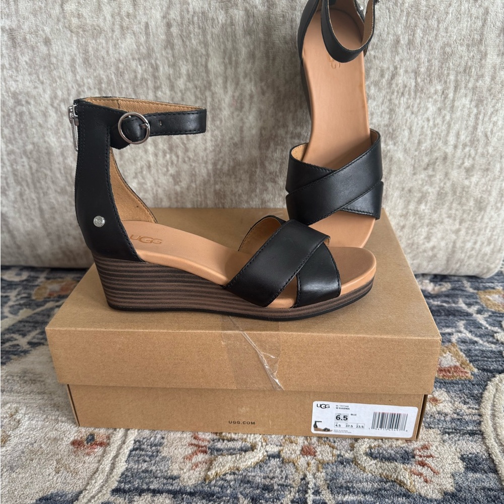 UGG Black Eugenia Wedge Sandals with Adjustable Ankle Strap
